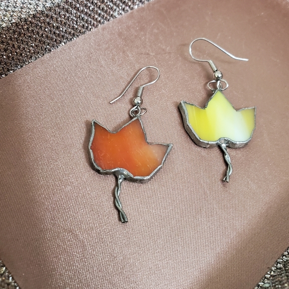 Artisan Stained Glass Leaf Earrings - Picture 3 of 4